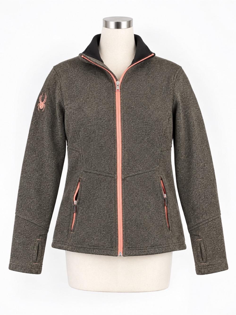 🖤 Spyder Heathered Brown Full Zip Jacket Size L Coral Pink Trim
